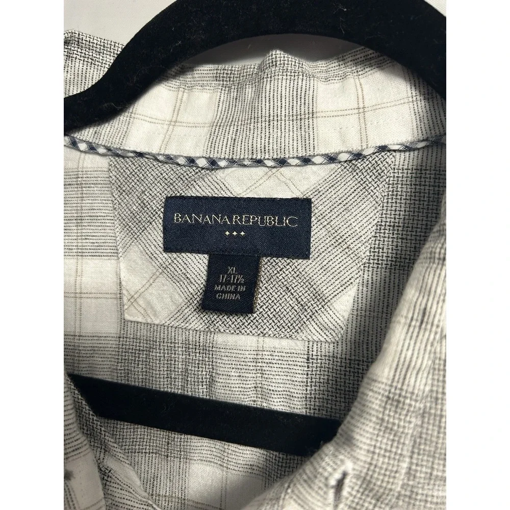 Banana Republic Shirt Men's XL Button Up White Plaid Linen Cotton Lightweight‎
